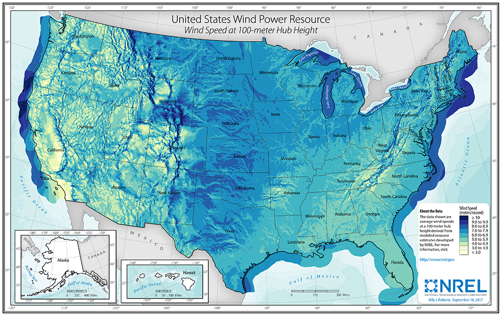 美國風能資源的地圖